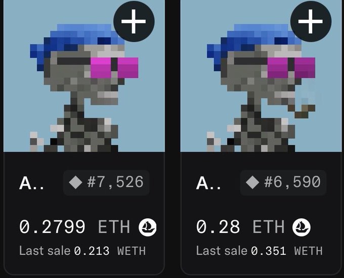 Two pixel art skeleton NFT listings shown side by side, priced at 0.2799 ETH and 0.28 ETH respectively with their last sale prices.