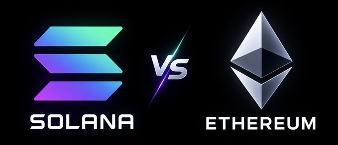 The image shows the Solana and Ethereum cryptocurrency logos facing off with "VS" between them on a black background, visually representing the post's claim that Solana will surpass Ethereum in size within the next 300 days.