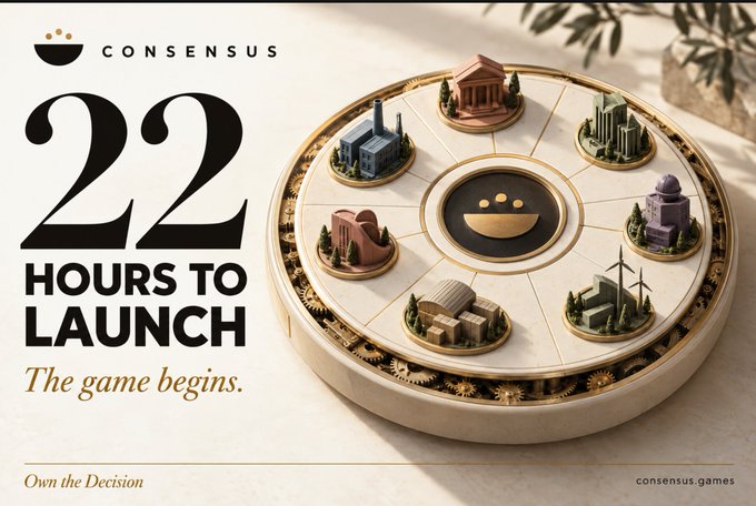 The image is a sleek promotional graphic for "CONSENSUS" featuring an ornate circular game board with miniature buildings (factories, temples, and infrastructure) arranged around a central logo, alongside bold text reading "22 HOURS TO LAUNCH — The game begins." It visually complements the post by conveying the imminent launch of a strategic NFT-based game where players build companies and mine the $AETH token to make decisions.