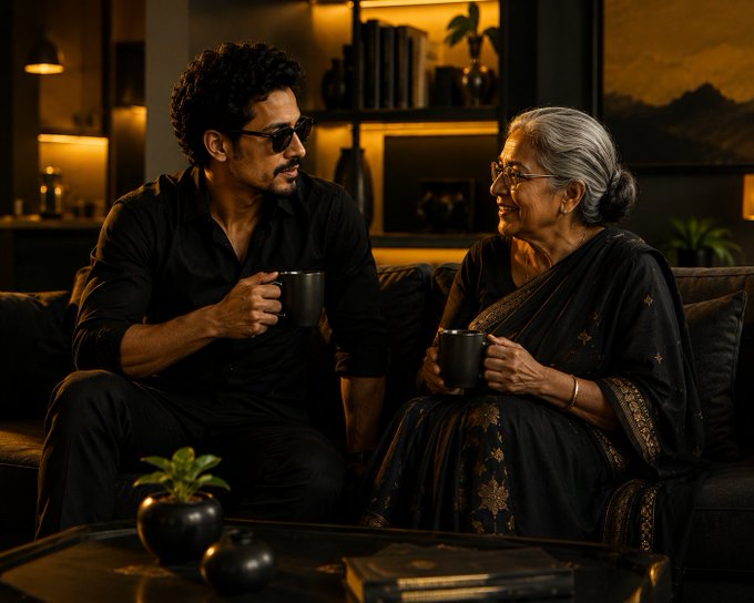 The image shows a man sitting next to an older woman, both holding coffee mugs. They are seated on a couch together, with several books nearby. The scene appears to be set in a living room or a cozy space where they can enjoy their conversation over warm beverages and read some books.
