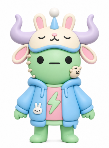 A green cartoon character wears a blue hoodie featuring a lightning bolt design and a bunny-eared hat, aligning with the playful collectible aesthetic of @doodles and @quirkiesnft toy releases. The figure has small bunny accessories attached, fitting the whimsical "fresh out the toy factory" theme of the post.