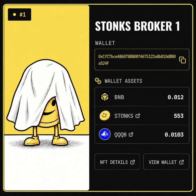 The image displays an NFT collection page titled "STONKS BROKER 1" (#1), featuring a cartoonish character covered by a white sheet, alongside wallet details showing holdings of 0.012 BNB, 553 STONKS tokens, and 0.0103 QQQB. The interface supports the post's promotion of the @stonksbnb project, highlighting the NFT assets connected to the token's $14M market cap ahead of its 19:00 UTC mint.