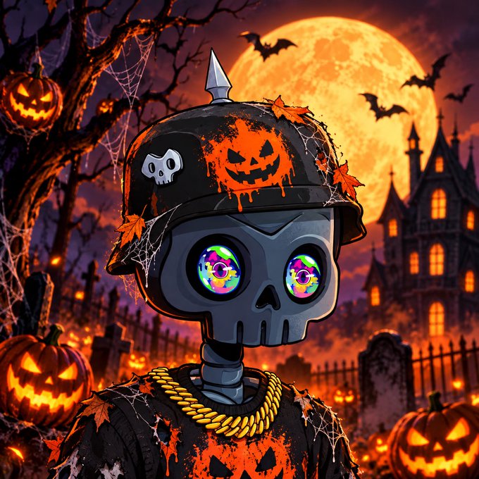 A skeleton wearing a spiked helmet decorated with a grinning pumpkin and skull emblem stands before a haunted mansion under a blood moon, surrounded by glowing jack-o'-lanterns, cobwebs, and bats. The spooky, skull-themed scene perfectly matches the "Happy DED October" vibe, blending Halloween horror with edgy street-style swagger.