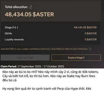 A screenshot showing a total allocation of "48,434.05 $ASTER" from Stage 0 & 1, with a claim period of 17 September 2025 – 17 October 2025, and text in Vietnamese discussing anticipation of potential BNB-style airdrop rewards.