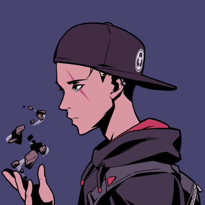 A digital illustration of a character in profile view wearing a dark cap and hoodie, with a pink scar across the eye, as small black rock-like fragments float above their outstretched hand.