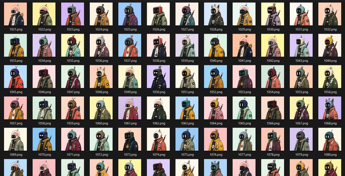 A grid of 84 individual portraits (numbered 1021-1080) showcasing unique robot character designs with varied colorful backgrounds, visually representing the diverse "Robos" NFT collection awaiting their public reveal during the whitelist (WL) mint phase.