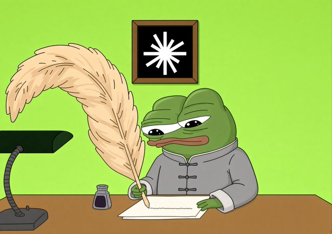 An illustration of the Pepe the Frog meme wearing a gray traditional Chinese shirt, writing with a large feather quill at a desk with an ink bottle and a loading icon on the wall.