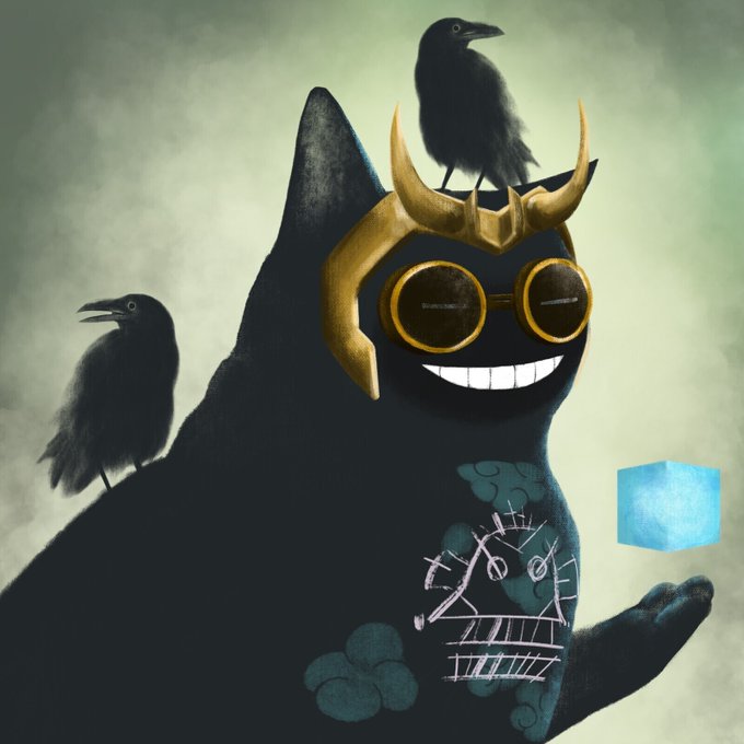 Digital artwork of a black cat-like creature with a wide grinning mouth, wearing gold goggles and a golden crown, accompanied by two black crows and featuring mystical markings and a floating blue cube.