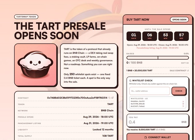 A presale announcement page for TART token, showing it opens soon with details including presale dates (Aug 29 - Aug 31, 2026), 1 BNB = 20,000,000 TART rate, whitelist check feature, and a contract address on BNB Chain.