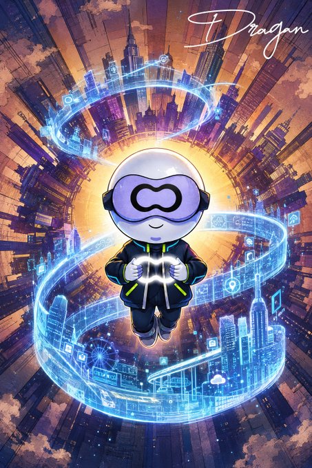A futuristic illustration shows a character with a smooth, helmet-like head and a digital infinity-symbol visor floating above a glowing, circular cityscape, signed with 'Dragan' in the upper right corner.