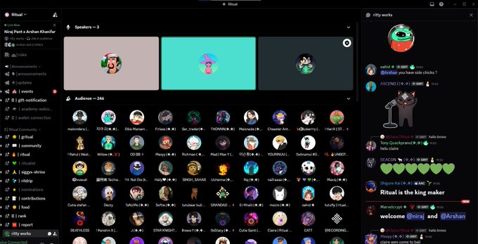 A dark-themed virtual audio platform called 'Ritual' shows speakers, an audience of user avatars, and a chat panel discussing 'Ritual as the king maker' and welcoming @ninja and @Arshan.