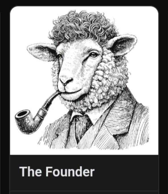 A black-and-white engraved-style illustration shows an anthropomorphic sheep in a suit and tie, smoking a pipe, with the caption "The Founder" displayed below—evoking the gravitas of a company patriarch. The image ties to the post's message about Ordinals standing the test of time, much like a legacy founder whose influence endures without needing constant upkeep or platform support.