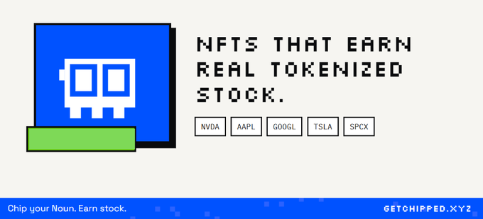 A pixel-art skull NFT graphic promotes "NFTS THAT EARN REAL TOKENIZED STOCK," featuring ticker tags for NVDA, AAPL, GOOGL, TSLA, and SPCX, with a "GETCHIPPED.XYZ" call-to-action at the bottom—aligning with the post's pitch to activate NFTs with $CHIP on Base to earn tokenized stocks.