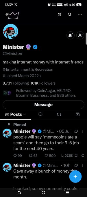 A screenshot of the X (Twitter) profile page for user 'Minister' (@Ministrrr) with a bio reading 'making internet money with internet friends' under the 'Entertainment & Recreation' category.