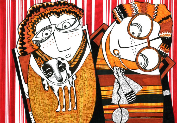 The image features a drawing of two people, one wearing an orange sweater with a dog on their lap, and another person wearing glasses sitting next to them. The drawing also includes a caption that reads "I have just collected Old age is a joy" by @Sarkis_art.
