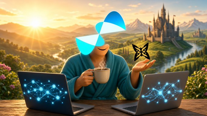 An illustrated figure in a blue robe holds a coffee mug while sitting at two laptops with glowing blue screens, with a butterfly on their hand against a fantasy landscape background.