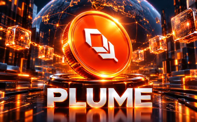 A 3D-rendered graphic shows an orange coin with a 'P' logo hovering above a platform, with the word 'PLUME' displayed below against a background of floating cubes and a glowing cityscape.