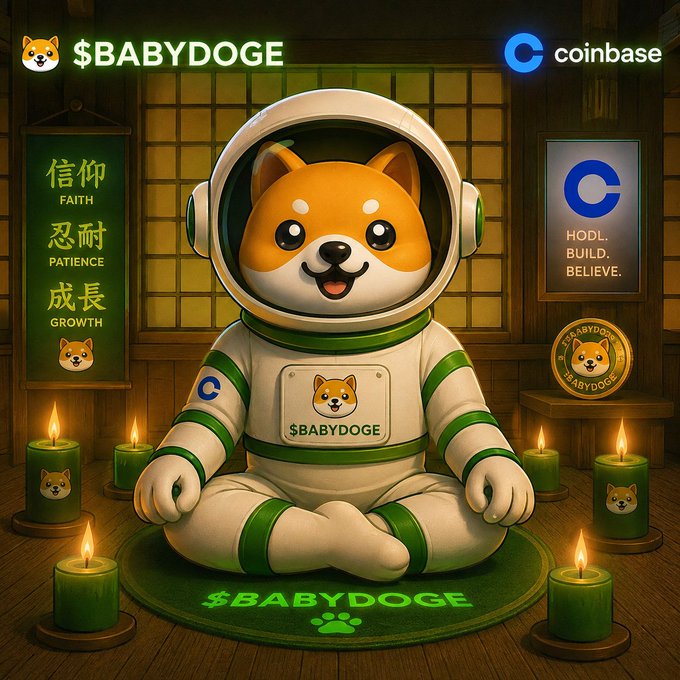 A digital illustration of a Shiba Inu dog in a spacesuit meditating, with '$BABYDOGE' and 'coinbase' logos, alongside Chinese characters and English words 'FAITH', 'PATIENCE', and 'GROWTH'.