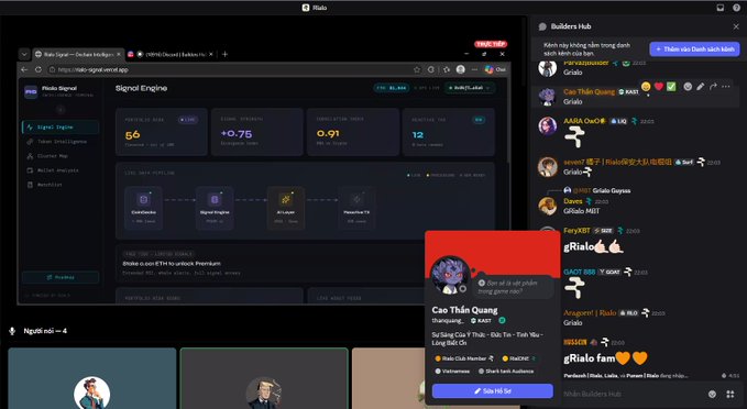 The image shows a livestream screenshot of a Builder Hub session hosted by Rialo, featuring a presentation on the "Signal Engine" dashboard with metrics like Portfolio Size (56), Signal Strength (+0.75), Operations (0.91), and Watchlist. A live chat on the right and a callout profile of "Cao Thiện Quang" (@tienggiadoc) appear prominently, with the session's focus on Latch and secure agent interactions reflected in the displayed Rialo developer platform interface.