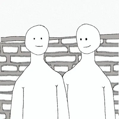 A simple black and white drawing of two smiling stick figures standing together against a brick wall background.