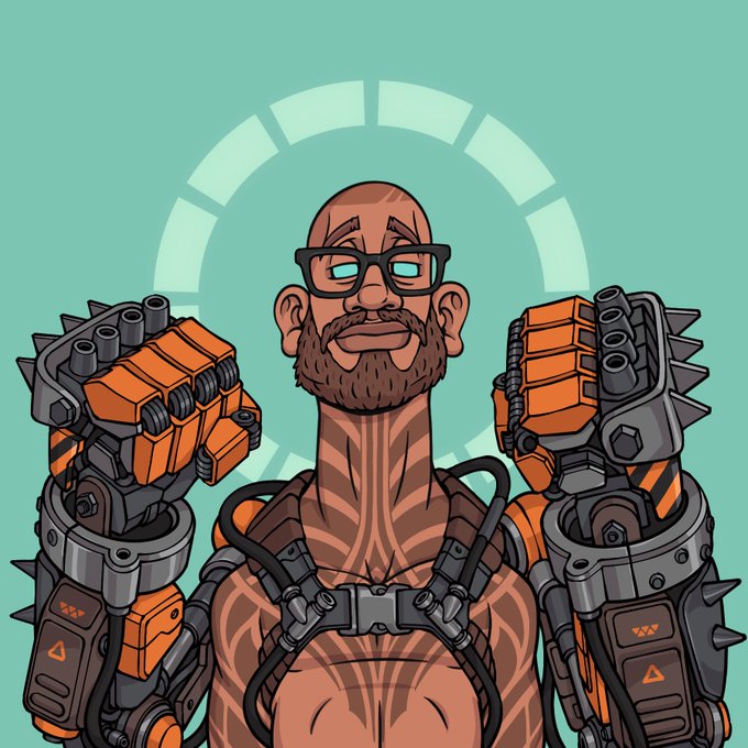 A cartoon illustration of a bald, bearded man wearing glasses and large orange and grey mechanical gauntlets with a halo behind him against a teal background.