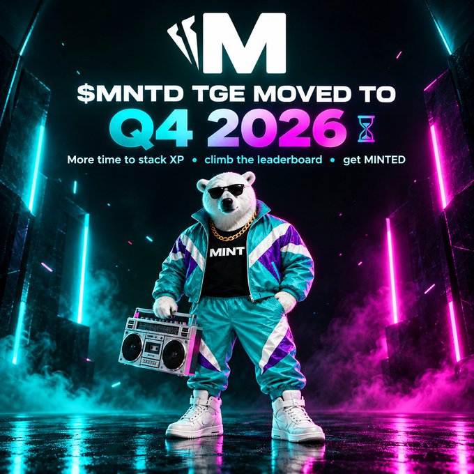A vibrant promotional graphic announcing that '$MNTD TGE' has been moved to Q4 2026, featuring a polar bear wearing sunglasses and a teal tracksuit holding a boombox.