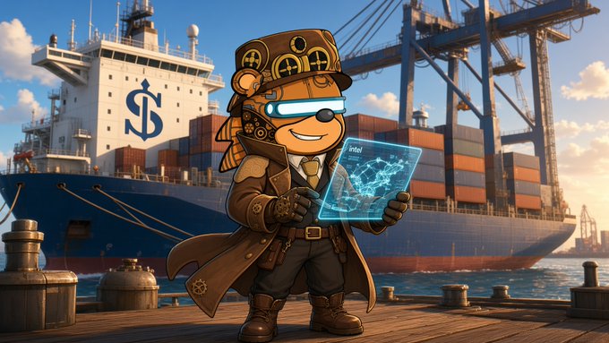 An anime-style illustration of a steampunk anthropomorphic monkey character wearing a top hat with goggles, holding a holographic tablet, standing on a dock in front of a large cargo ship with a dollar sign on it.