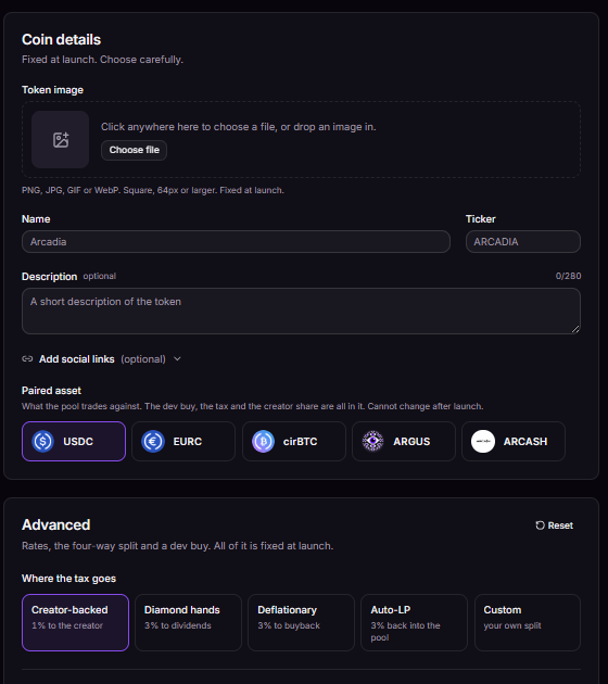 Token creation form interface titled "Coin details" with fields for token image, name (Arcadia), ticker (ARCADIA), description, and options to pair with USDC, EURC, cirBTC, ARGUS, or ARCASH.