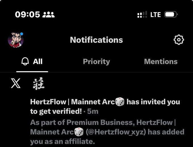 A mobile phone screenshot of a Twitter/X Notifications page showing a message from HertzFlow | Mainnet Arc that reads 'has invited you to get verified! · 5m. As part of Premium Business, HertzFlow | Mainnet Arc (@Hertzflow_xyz) has added you as an affiliate.'