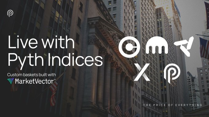 The image shows a cityscape with tall buildings, including one that has an "@PythNetwork" logo above its name. The text in the image reads "Live with Pyth Indices", which suggests that the image is related to the concept of using blockchain technology for financial purposes or investing in cryptocurrency markets.