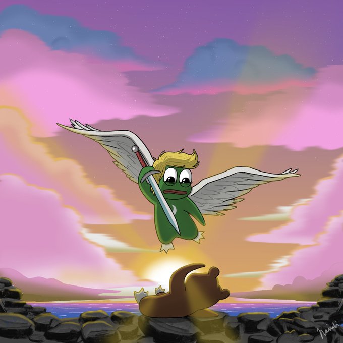 A colorful digital illustration of a green frog character with blonde hair, white wings, and a sword flying above a bear lying on rocks against a pink and purple sunset sky.