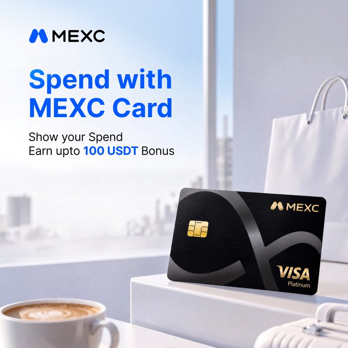 A MEXC Visa Platinum Card promotional image features the black card with gold chip displayed on a white surface alongside a coffee cup and shopping bag, with text reading "MEXC - Spend with MEXC Card - Show your Spend - Earn upto 100 USDT Bonus," directly tying into the #SpendWithMEXC campaign encouraging users to share their card purchase experiences on X for a chance to win from 100 USDT in rewards.