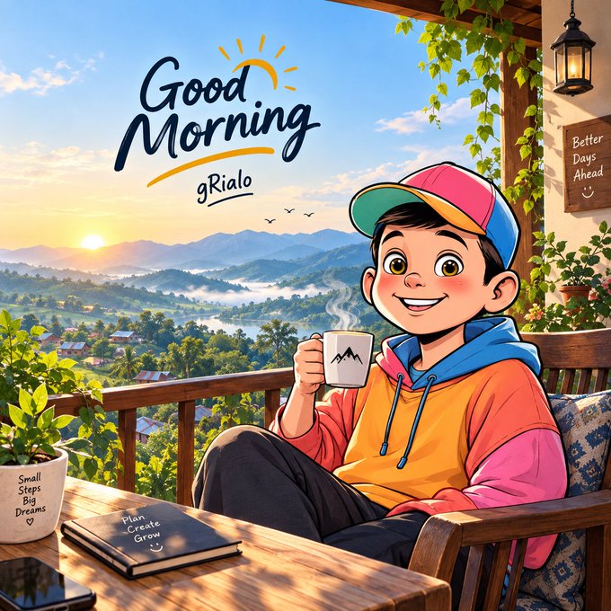 An illustrated 'Good Morning' greeting card featuring a smiling boy in a colorful hoodie sipping coffee on a balcony with a scenic mountain sunrise, accompanied by small motivational notes like 'Small Steps Big Dreams' and 'Plan Create Grow'.