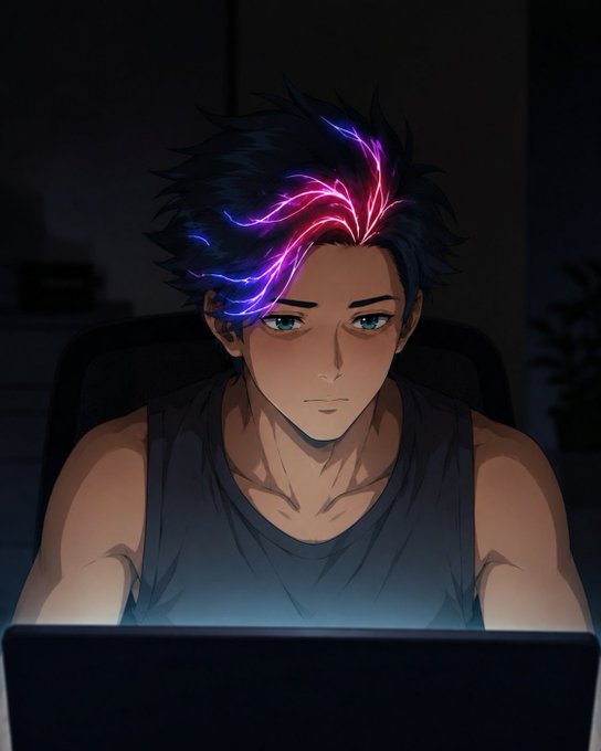 An anime-style illustration of a young man with glowing pink and blue neon streaks in his dark hair, sitting in front of a laptop screen.