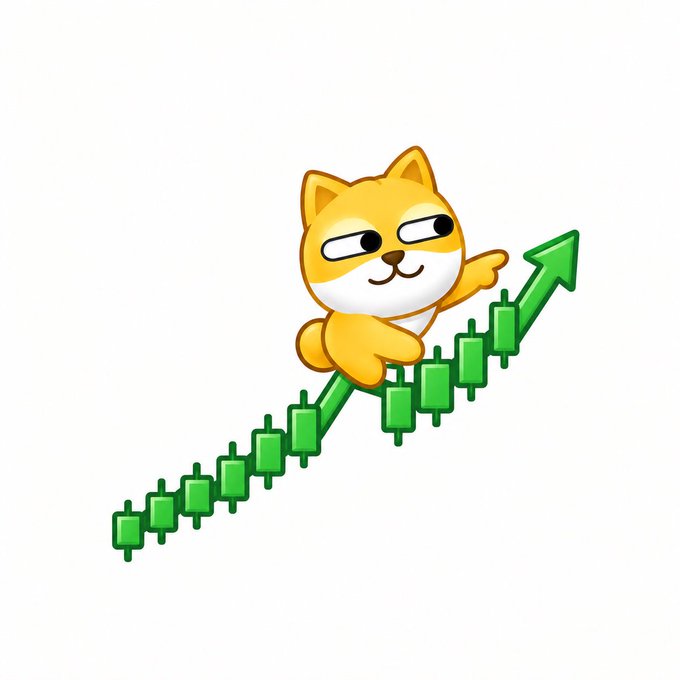 A cartoon Shiba Inu dog character riding a green ascending candlestick chart arrow, symbolizing financial growth or crypto gains.