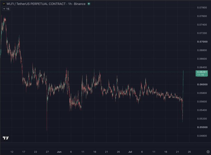 The image shows a 1-hour candlestick chart of the WLFI/USDT perpetual contract on Binance, displaying a sharp recovery rally where the price has surged back up to around $0.06391 after touching lows near $0.049, visually reinforcing the post's frustration about the token's erratic price action and demand to send it back to zero.