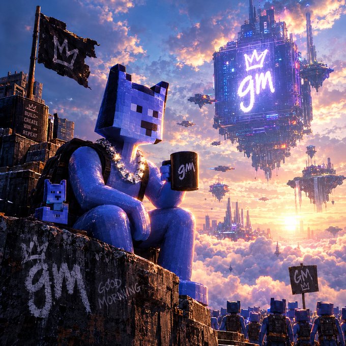 Digital artwork of a blue, blocky character holding a mug with 'gm' written on it, sitting on a ledge overlooking a sky filled with floating futuristic structures displaying 'gm' with crown symbols.