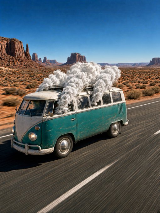 A teal vintage VW van driving through a desert highway with red rock mesas in the background, featuring an unusual large plume of white smoke or clouds billowing from its roof.