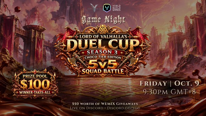 A promotional banner for 'Yield Guild Games' Game Night announcing 'Lord of Valhalla's Duel Cup Season 3 Choco Tier Edition 5v5 Squad Battle' on Friday, Oct. 9 at 9:30 PM GMT+8, with a $100 winner-takes-all prize pool and $50 worth of Wemix giveaways on Discord.