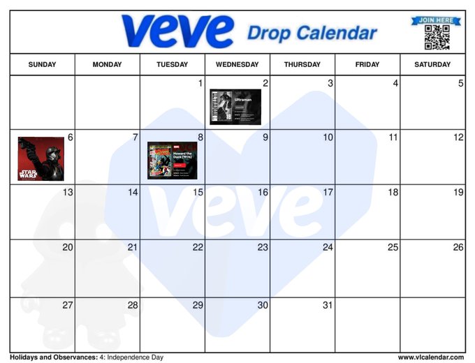 A July VeVe Drop Calendar showing scheduled drops including an Ultraman item on the 2nd, a Spider-Man comic on the 8th, and Star Wars on the 6th.