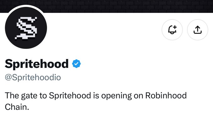 The image shows a Twitter/X profile page for the verified account **@Spritehoodio**, displaying the announcement: *"The gate to Spritehood is opening on Robinhood Chain."* This aligns with the post's promotion of Spritehood as a project linked to a former Pudgy Penguins executive and launching on the Robinhood network.