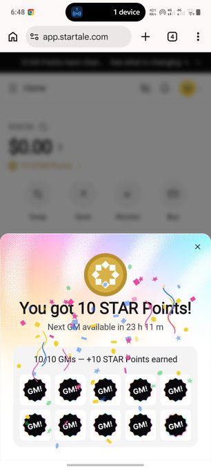 A mobile screenshot from app.startale.com showing a celebratory pop-up that reads 'You got 10 STAR Points!' with '10/10 GMs - +10 STAR Points earned' and a countdown to the next GM.
