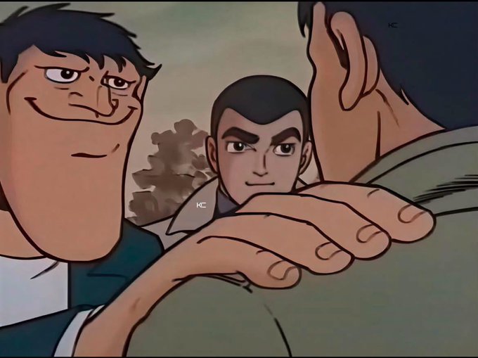 An animated scene from a classic cartoon shows a smirking man in a green suit with his hand on another's shoulder, with a third man glaring in the background.