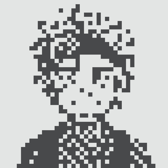 A pixelated, abstract black and white illustration resembling a face or skull.