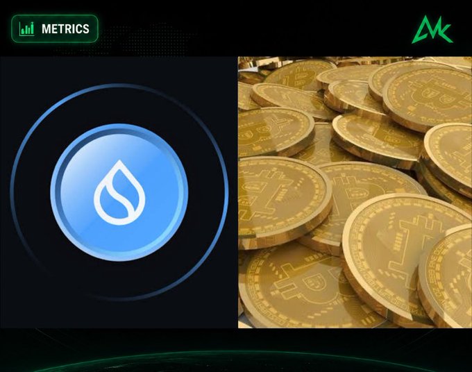 A split image features the blue Sui (SUI) cryptocurrency logo on the left alongside a pile of gold Bitcoin tokens on the right, illustrating the post's data on Sui Foundation's ongoing token buybacks.