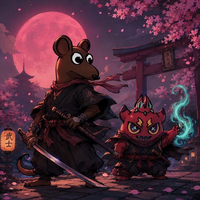 The image features two cartoon characters dressed in medieval-style clothing, holding swords and standing next to each other against a pink background with cherry blossoms. The caption below the image reads "The collaboration between @OgRats_ and @MarkofTheZeal could be a huge step forward for Ronin's mainstream meme culture. Let’s build it together."