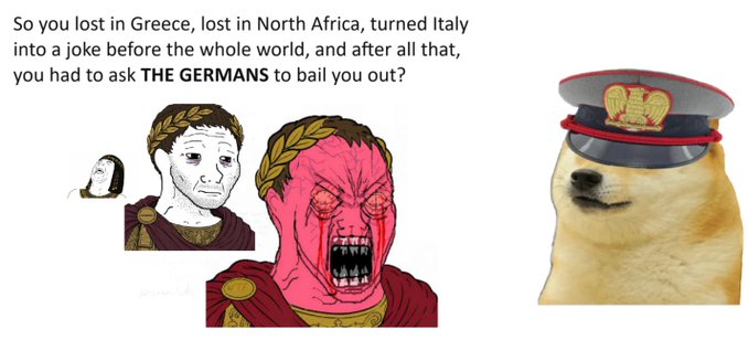 The image features the "Wojak Pointing" meme with Roman emperor figures in various states of distress confronting a dog wearing a German military officer's cap, with the text: "So you lost in Greece, lost in North Africa, turned Italy into a joke before the whole world, and after all that, you had to ask THE GERMANS to bail you out?" It humorously parallels the post's theme of crypto developers burning bridges and needing outsiders to bail them out, comparing their cycle of bad decisions and eventual reliance on outside help to Mussolini's failed military campaigns before seeking German assistance.
