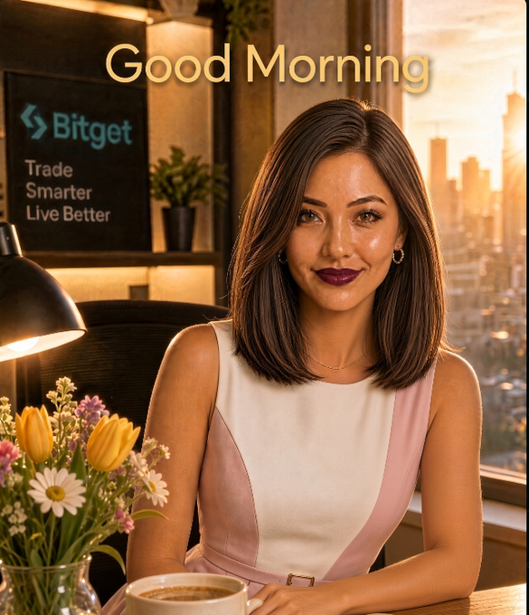 A digital illustration of a woman with brown hair smiling at a desk with a coffee mug and flowers, overlaid with 'Good Morning' text and a 'Bitget - Trade Smarter Live Better' logo.