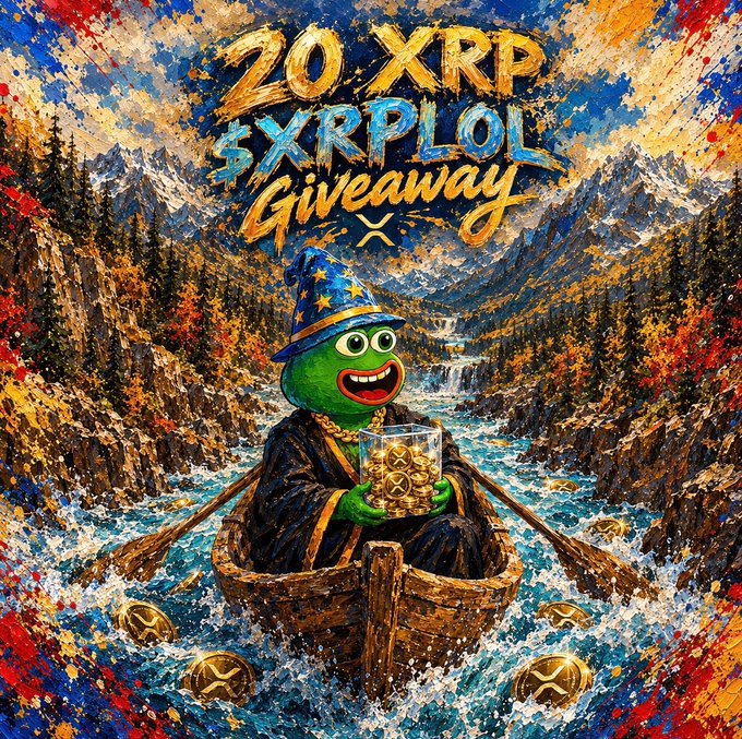 A vibrant, painterly promotional artwork for '20 XRP $XRPL Giveaway' featuring an animated green Pepe-like character wearing a wizard hat and robe, paddling a boat through a river of XRP tokens in a mountainous landscape.