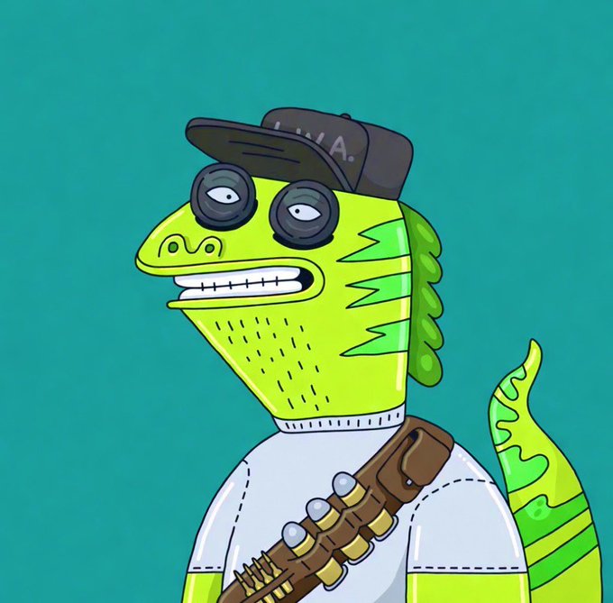 A cartoon illustration of a green lizard-like character wearing a black cap, goggles, and a white shirt with a bandolier, set against a solid teal background.